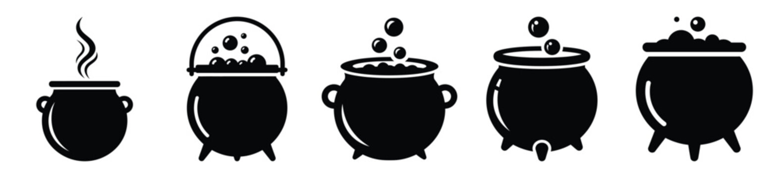Collection of Happy Halloween witch cauldron silhouette icon set. Vector illustration on white background.