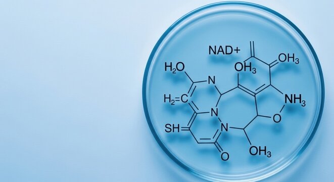 close-up of molecular structure of vitamin b3 coenzyme nad in a petri dish on light blue background