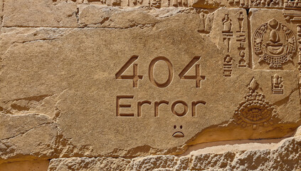 Obraz premium Ancient Glitch: 404 Error Engraved on an Egyptian Landmark Wall, The Paradox of a 404 Message Carved in Millennia-Old Stone, 404 error, Pharaoh's Not Found, Unexpected 404 Error Etched into old stone