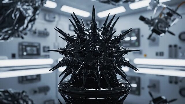 Sci-Fi Ferromagnetic Liquid Spiky Globe in Futuristic Laboratory