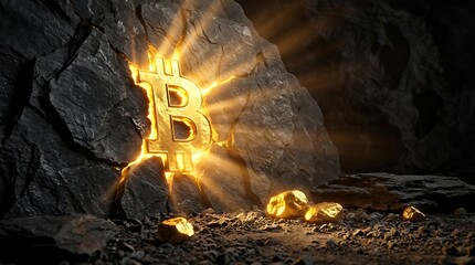 Golden Bitcoin Symbol Emerging from Dark Cave Rock with Nuggets.
