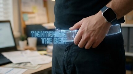 Man Adjusting Belt in Office Setting with Holographic Text Overlay.