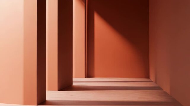 Minimalist architectural interior featuring walls and columns in terracotta hues, with strong sunlight casting long, abstract shadows across the floor and surfaces