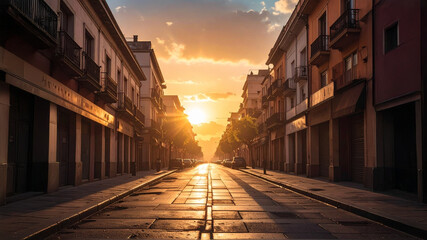 Fototapeta premium Sunset city street architecture. Sun rays lens flare pavement. Urbanism perspective buildings cars sidewalk. Travel destination background. Evening light atmosphere. Commerce stock asset. AI generatio