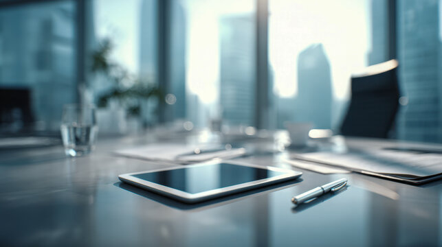 Modern office conference table with digital tablet, pen, documents, and city skyline in the blurred background during daytime meeting preparation