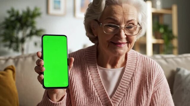 Senior woman holds smartphone with green screen in cozy living room while smiling and enjoying her time
