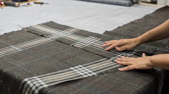 Medium shot capturing the detailed alignment of plaid patterns on multiple fabric layers by hand emphasizing pattern matching for quality apparel cutting.