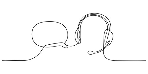 Obraz premium Customer Support Chat Bubble with Headset continuous one line drawing, continuous line drawing headset and bubble speech icon, service representative with a headset and chat bubble icon Vector, pro.