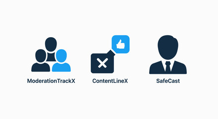 Obraz premium Content Moderation, User Community, and Online Safety Icons for Digital Platform Management in Flat Design