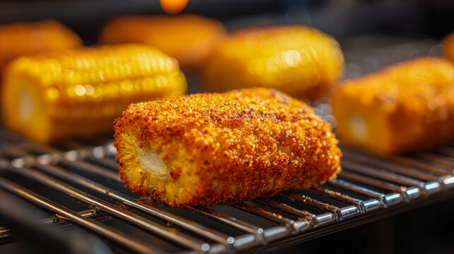 Roasted corn on the cob coated with spicy seasoning grilling over an open flame with vibrant golden kernels and crispy charred texture on a metal rack
