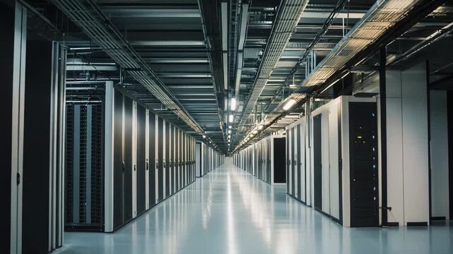 Modern server room hallway with rows of computing hardware and information technology equipment, representing interconnected digital infrastructure and cloud services