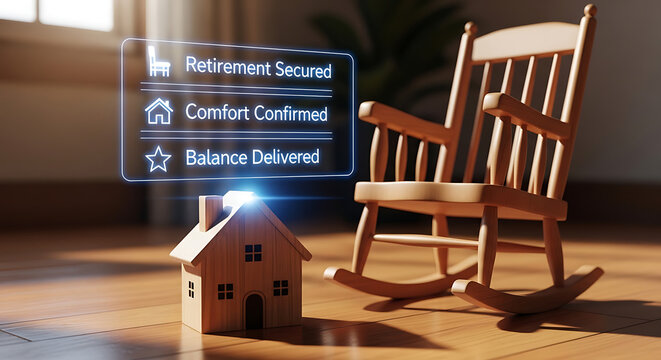 Retirement secured comfort concept with house model and rocking chair on wooden floor indoor