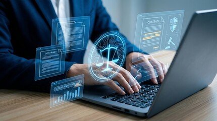 Businessman Working on Laptop with Digital Interface.