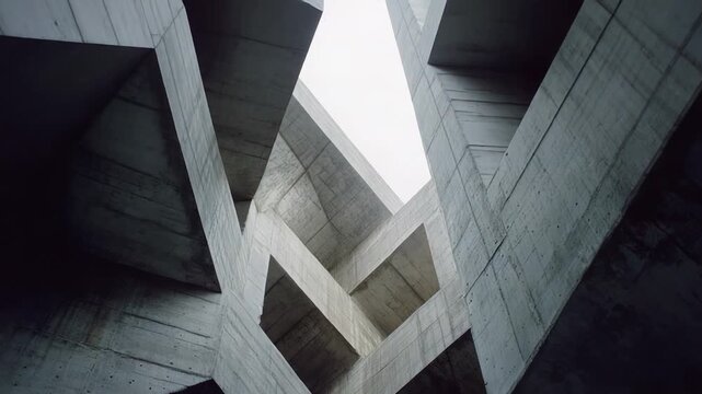 Concrete material forming a modern architectural structure with interlocking geometric shapes, creating a dynamic interplay of light and shadow, highlighting urban brutalist design