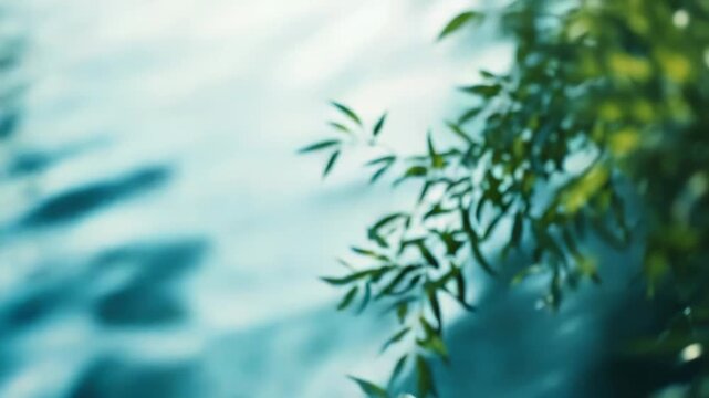 Green willow leaves drifting over calm blue water, light reflections and soft bokeh create a serene, tranquil background ideal for wellness, spa, and nature themes