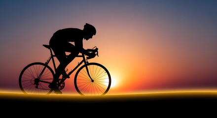 Obraz premium Silhouette of a cyclist riding a road bike during a vibrant orange sunset, athletic male cyclist training at golden hour, minimalist sports illustration generated-AI.