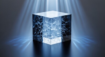 Glowing blue cube 3d rendering with light beams, abstract background