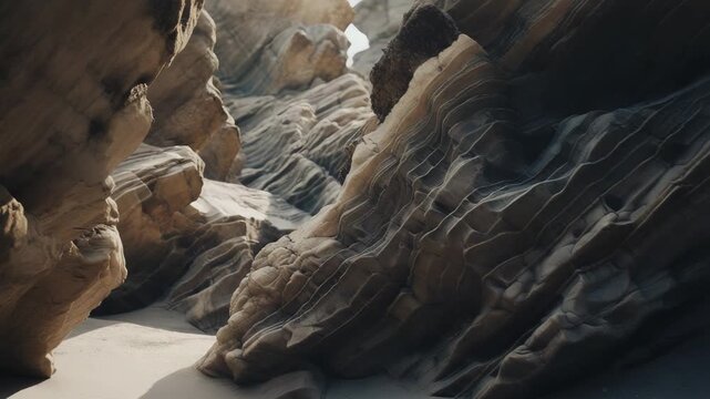 Sandstone canyon walls feature unique winding patterns and layers, shaped by natural erosion, forming an intricate geological landscape with a sandy floor