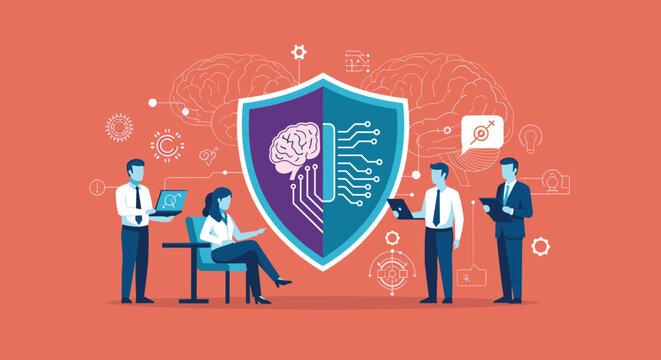Business professionals discuss strategy around a large shield that combines a human brain with a circuit board for data security.
