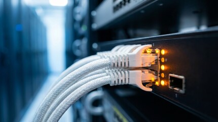 Fototapeta premium Close Up of Network Ethernet Cables Connected to Server Switch with Lights Represents Data Center, Internet Connection, and IT Infrastructure