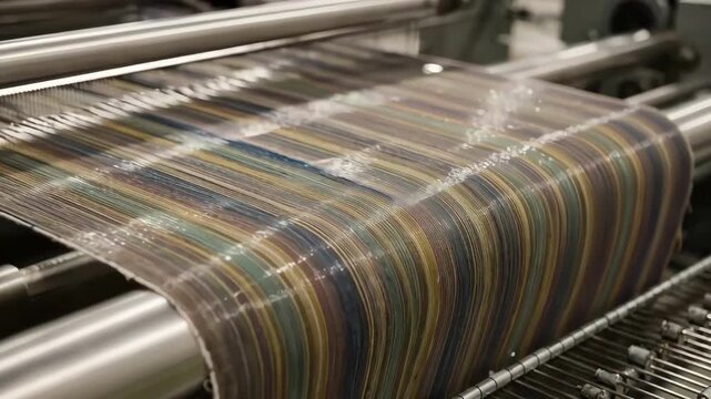 Medium shot of yarndyed cotton fabric undergoing highsheen mercerizing highlighting enhanced luster and vibrant color absorption during caustic treatment.