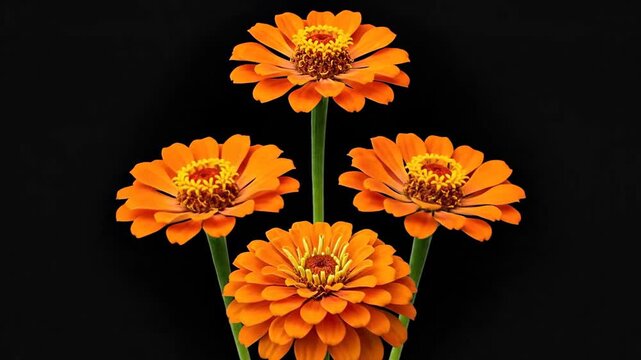 A vibrant orange zinnia flower blooms in stages against a dark background.