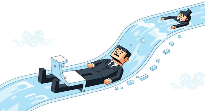 Pixel art businessmen slide down a data stream on a water slide, one working on a laptop, symbolizing a smooth workflow.