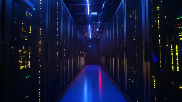 Data center hallway featuring illuminated server racks and network connections, representing modern information technology and global computing infrastructure