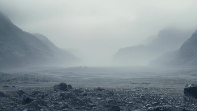 Barren mountain range surrounding a rocky valley and distant horizon, creating an emotional scene of desolation and mystery under a heavy overcast sky