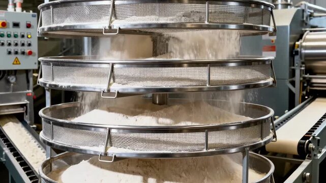 Metal framed sieves arranged in a multitier plansifter captured midoperation in an industrial setting emphasizing precision flour sifting and separation technology.
