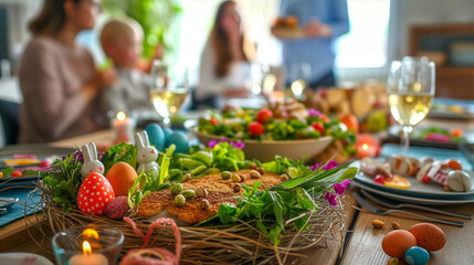 Fototapeta premium Almuerzo festivo de Pascua con pescado en costra de pistacho, nido de huevos coloridos y familia compartiendo de fondo.