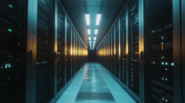 Data center corridor with rows of server racks creating a perspective view, highlighting network infrastructure, cloud computing, and digital storage technology in a modern facility
