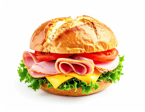 Bologna and cheese sandwich, kaiser roll, lettuce and tomato, white background. AI
