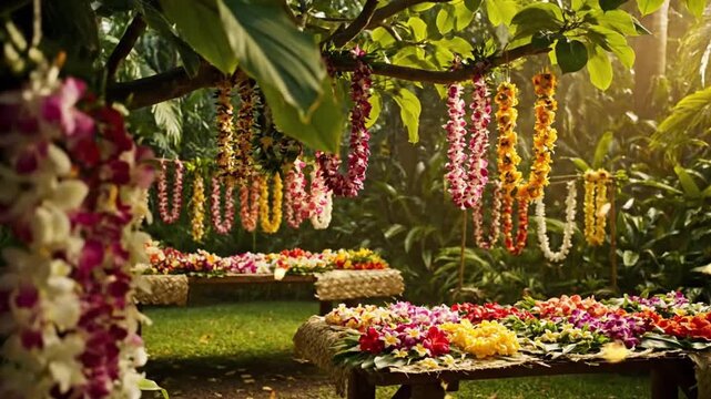 Cinematic Slow Motion Pan of a Traditional Hawaiian Flower Lei Station with Colorful Tropical Garlands in a Sunny Garden