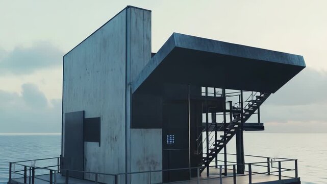 Modern brutalist structure featuring a modular design and an exposed staircase, standing firm on stilts above serene ocean waters under a cloudy sky, symbolizing solitude and resilience