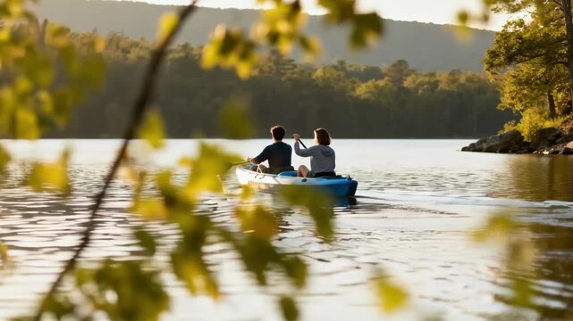 A tandem paddle boat rental with two people working in sync exploring hidden coves and enjoying the tranquility of a secluded lake.