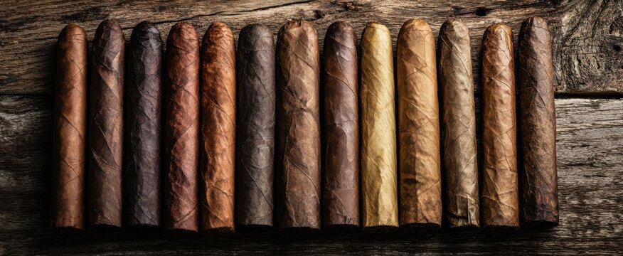 The Cigars Lined Up on a Rustic Wooden Plank Highlighting Premium Hand-Rolled Tobacco Selection