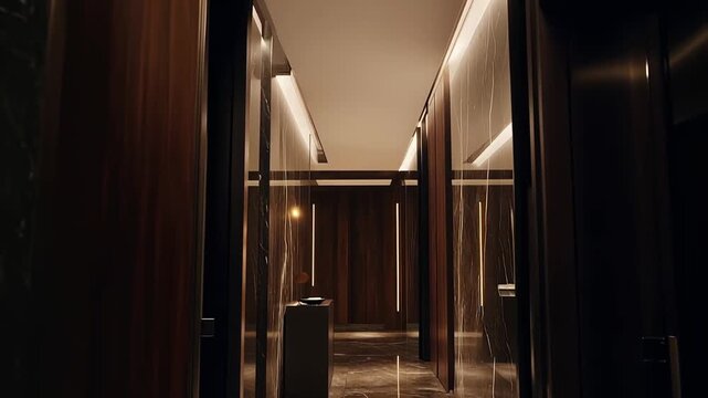 Upscale hotel corridor with elegant marble walls, dark wood paneling, and sophisticated lighting design, reflecting luxury and modern architecture in a refined interior space