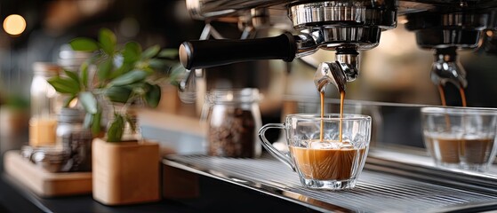 Hot espresso being poured into a glass cup by a barista at a cafe, preparing a cappuccino for a customer during the morning rush