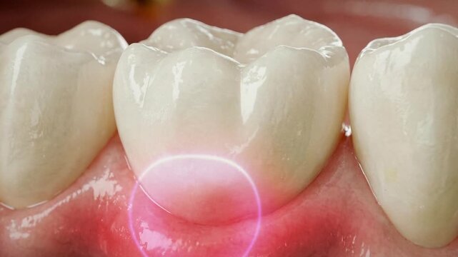 Close-up gum inflammation around a tooth as irritation develops, is treated, and redness reduces in the mouth