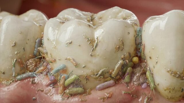 Dental plaque and bacteria build up on teeth near gums, showing biofilm growth and oral hygiene problem