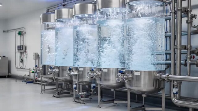 Medium shot focus on a stainless steel ozone injection contactor system with transparent tanks highlighting the visual flow of ozonated water in a hygienic treatment environment.