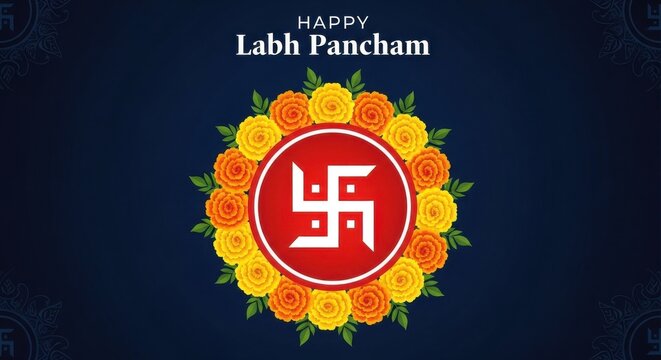 Vibrant Labh Pancham greeting with swastika symbol and flowers