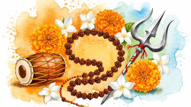 A watercolor composition of lord shiva's attributes for the maha shivaratri festival. Spiritual design featuring a trishula trident damaru drum and rudraksha beads
