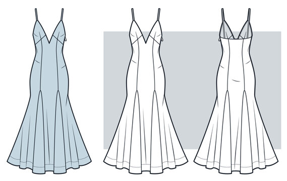 Elegant Godet Mermaid Slip Dress with Spaghetti Straps Technical Fashion Illustration. V Neck Evening Gown Fashion Flat Technical Draving Templane, Front and Back View, white, blue, women CAD mockup.