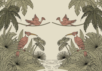 Tropical Jungle Scene With Exotic Birds And Lush Vegetation Reflecting In Water © Jonmart