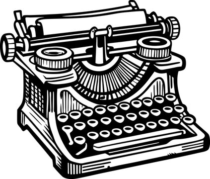 Vintage typewriter with paper sheet, retro writing machine illustration in black and white
