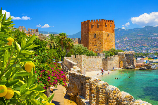 Panoramic view of the harbor of Alanya on a beautiful summer day. Alanya, Turkey 
