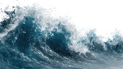 Powerful ocean wave crashing, white spray exploding against a bright sky