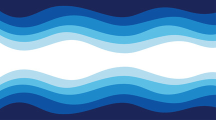 Fototapeta premium Abstract blue wave background with layered wavy bands, flowing water design, navy to sky blue gradient stripes, white central curve, modern minimal ocean pattern, vector illustration banner